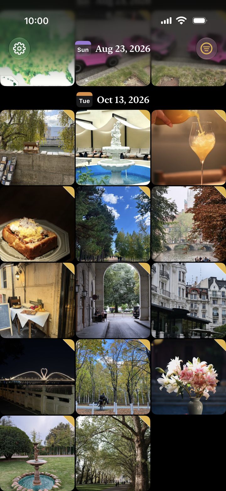 The Latent Photos grid: photos grouped by day, newest at the bottom, a gold corner on each reviewed thumbnail.