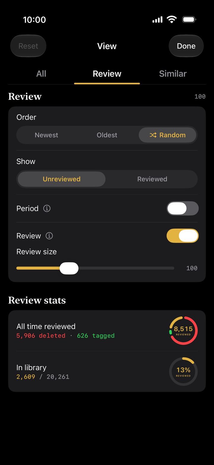 The View page's Review tab: order Newest, Oldest or Random, show Unreviewed, review size 100, and all-time review stats.
