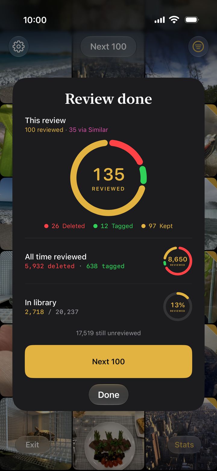 The Review done card: 135 reviewed, 26 deleted, 12 tagged, 97 kept, 13% of the library done, and a Next 100 button.