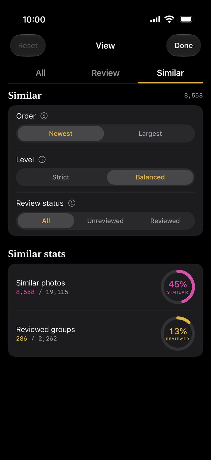 The View page's Similar tab: Strict or Balanced, newest or largest first, and similar stats for the whole library.