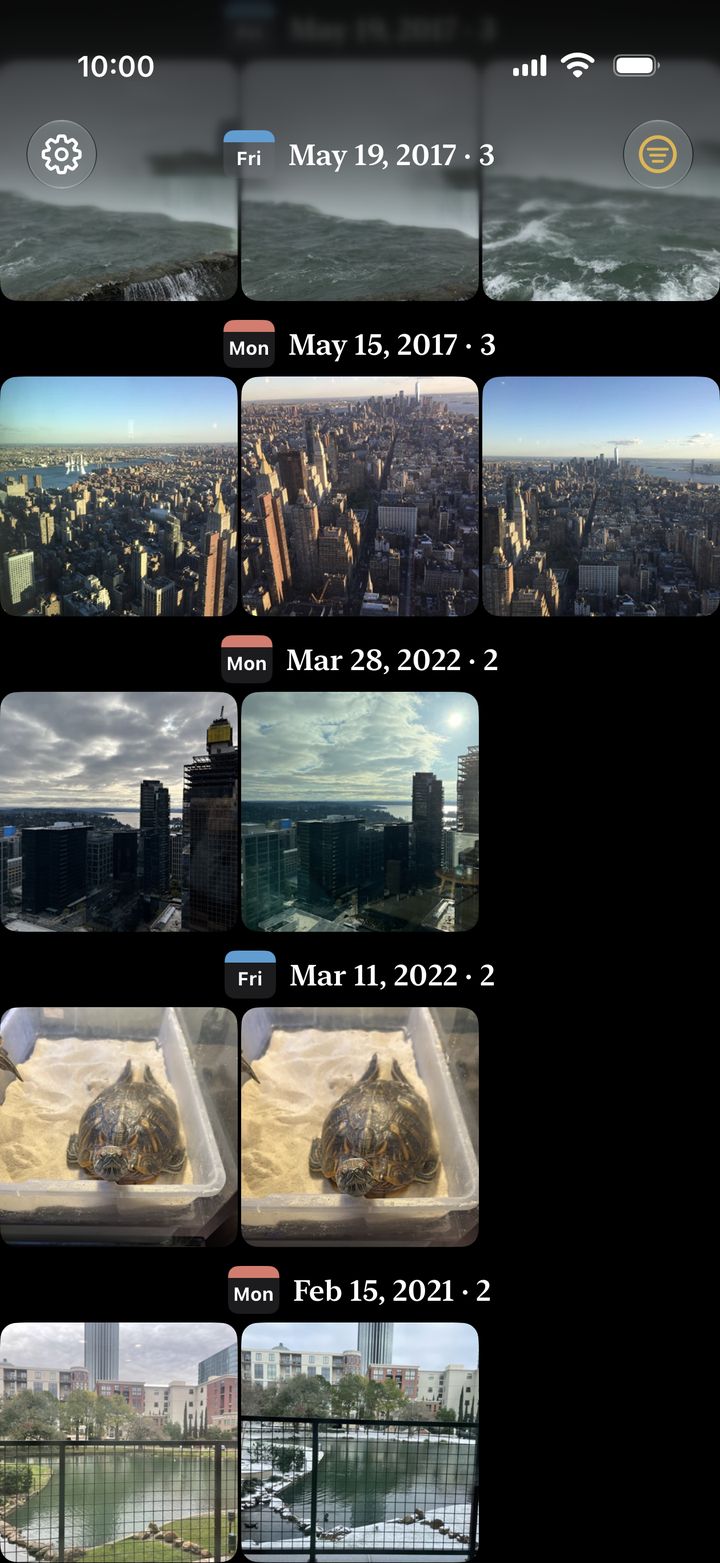 The grid showing groups of similar shots, each group under its day.
